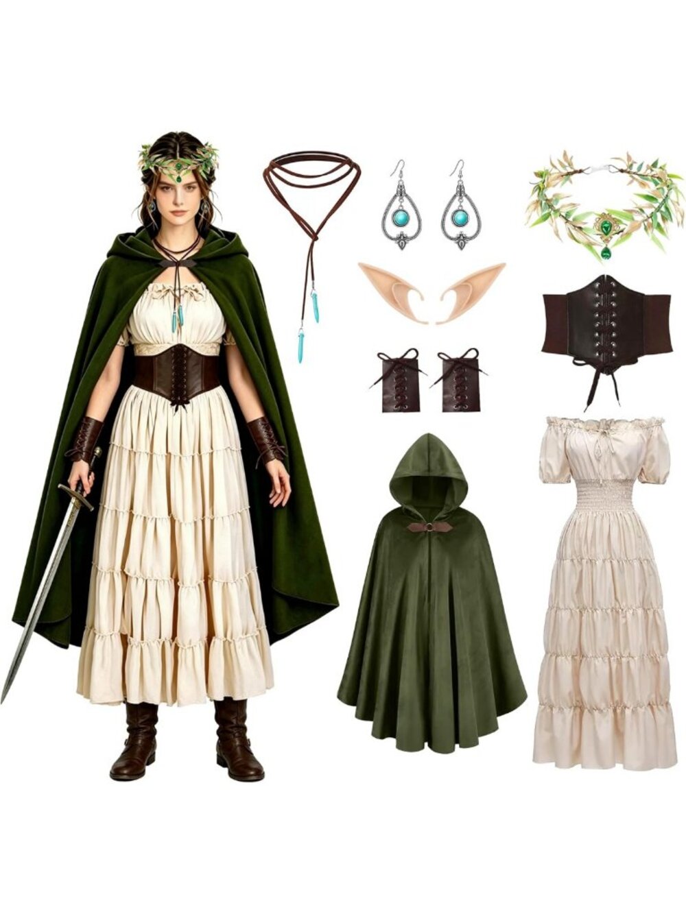 8-Piece Medieval Renaissance Costume Set for Women - Vintage Elf Dress